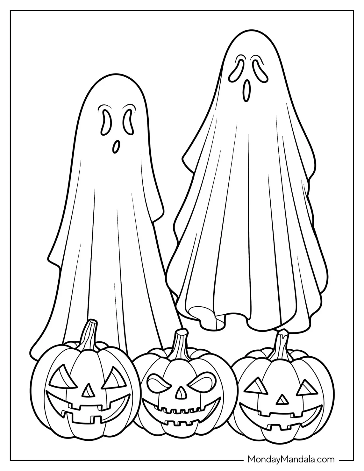 Pumpkin Coloring Page Of Blanket Ghosts Hovering Above Jack O Lanterns For Kids coloring page