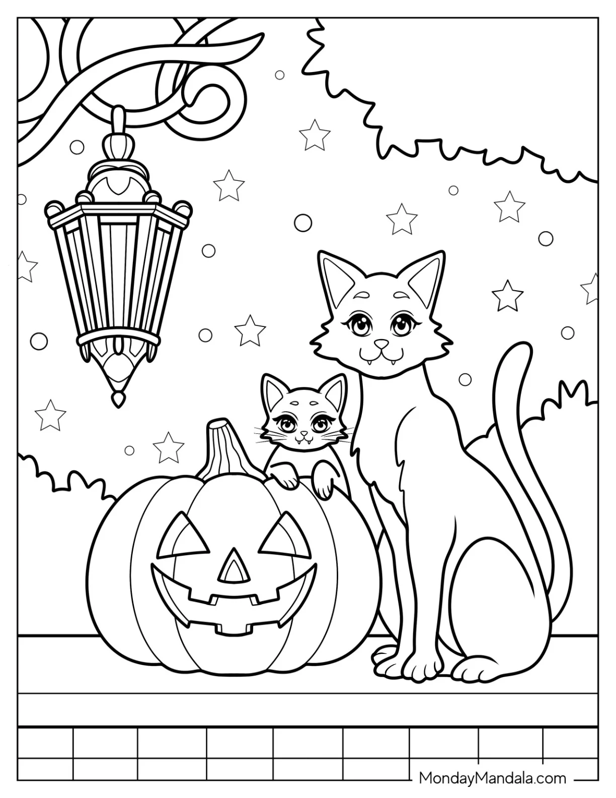 Pumpkin Coloring Page Of Cartoon Cats Beside A Large Jack O Lantern coloring page