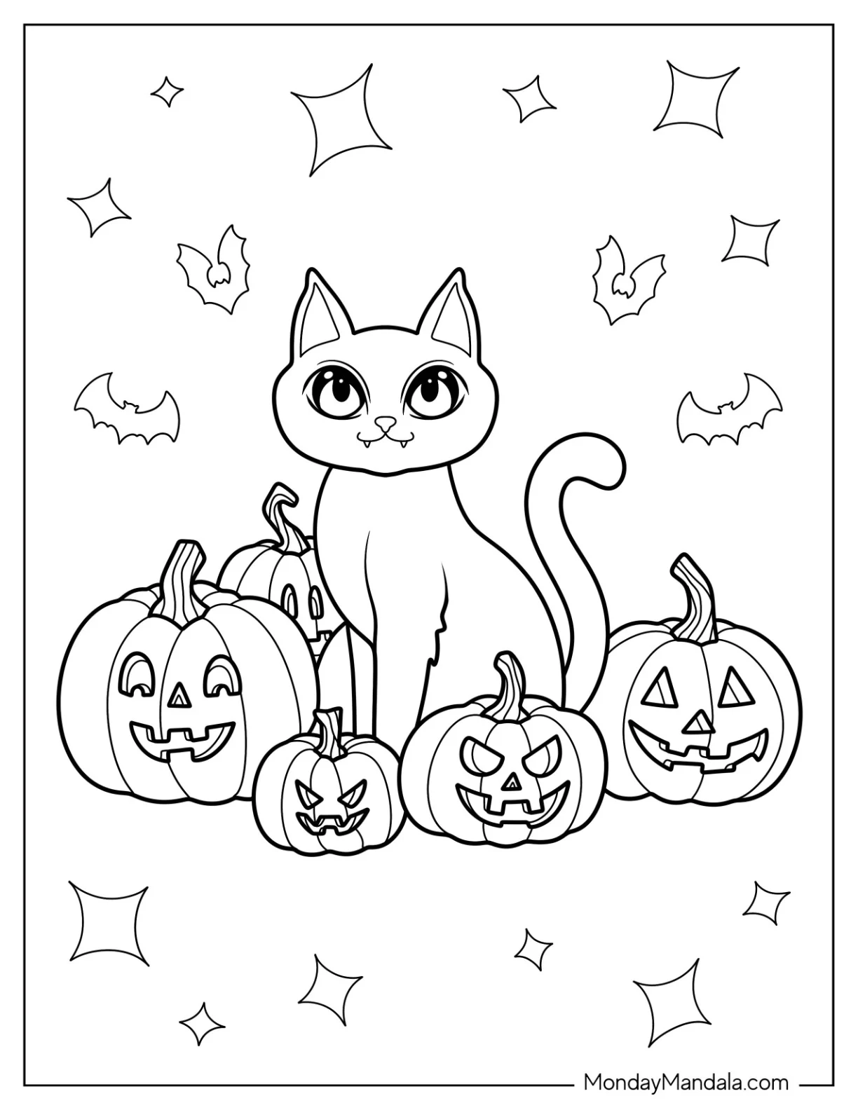 Pumpkin Coloring Page Of Cat Surrounded By Jack O Lanterns coloring page — printable line art