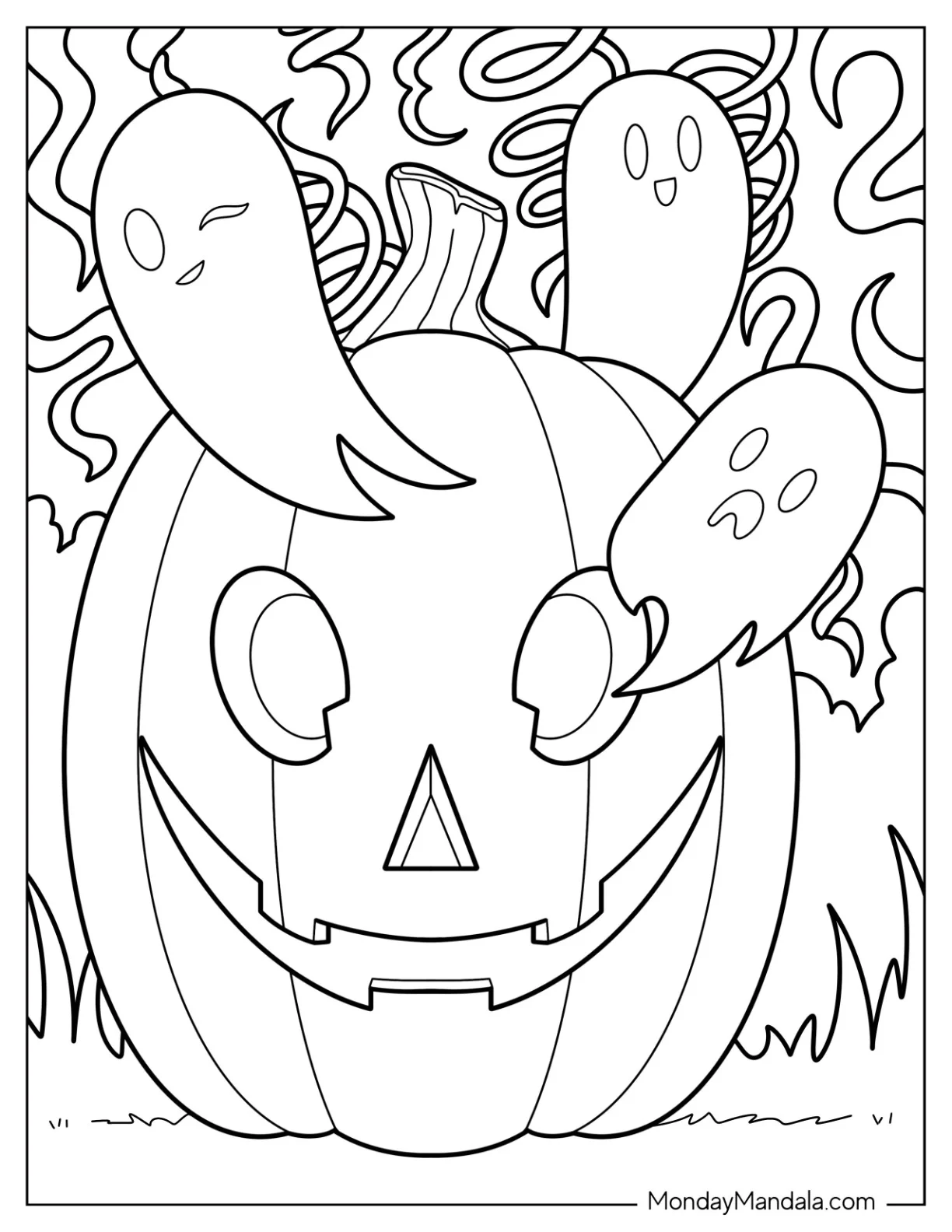 Pumpkin Coloring Page Of Chibi Ghosts Coming Out Of A Smiling Jack O Lantern coloring page
