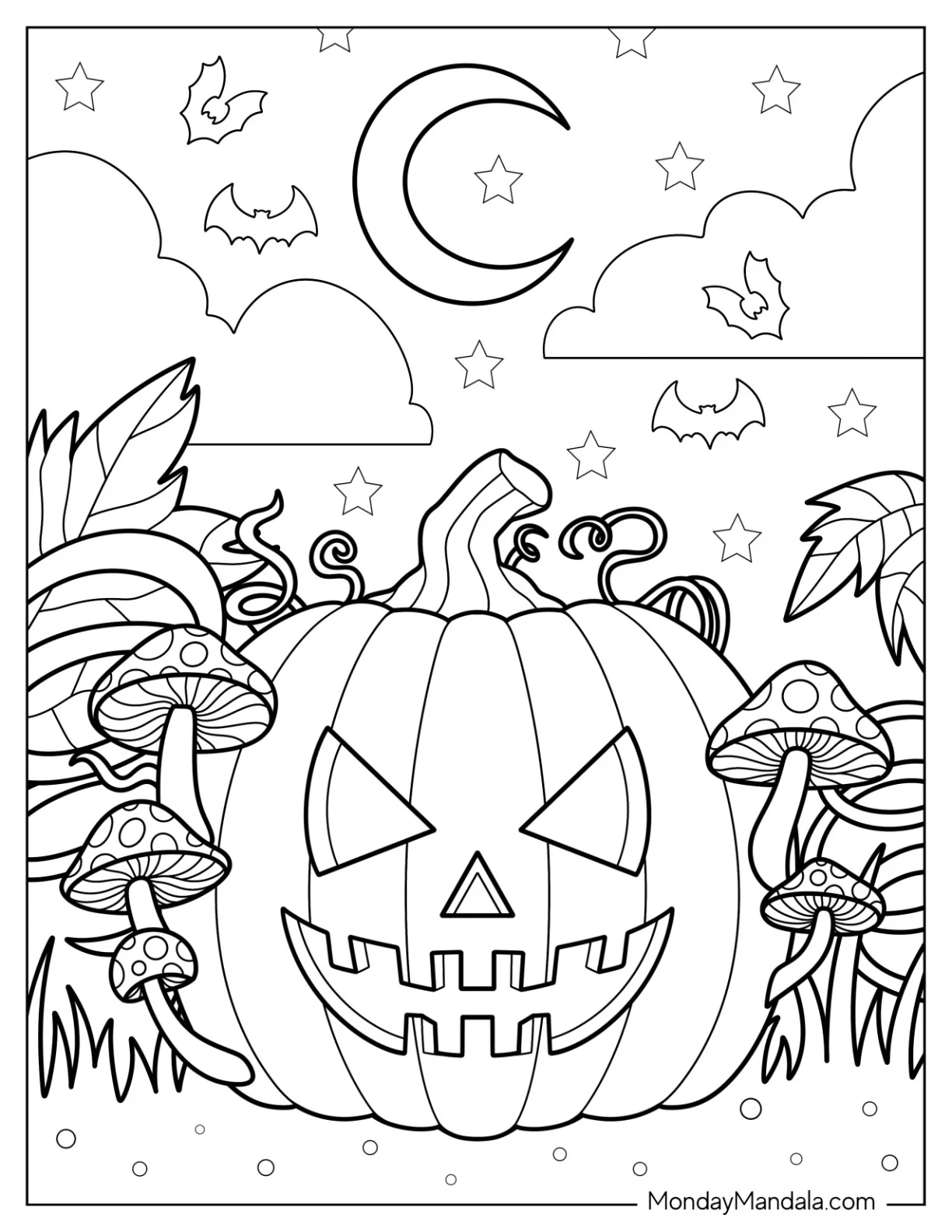 Pumpkin Coloring Page Of Creepy Jack O Lantern Surrounded By Mushrooms In The Garden coloring page — printable line art