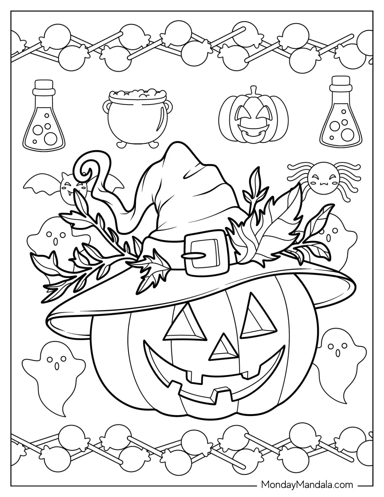 Pumpkin Coloring Page Of Detailed Jack O Lantern Wearing Witch Hat And Leaves coloring page