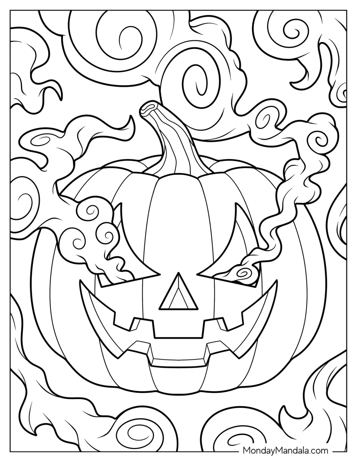 Pumpkin Coloring Page Of Jack O Lantern With Smoke Coming Out Of Its Eyes coloring page — printable line art