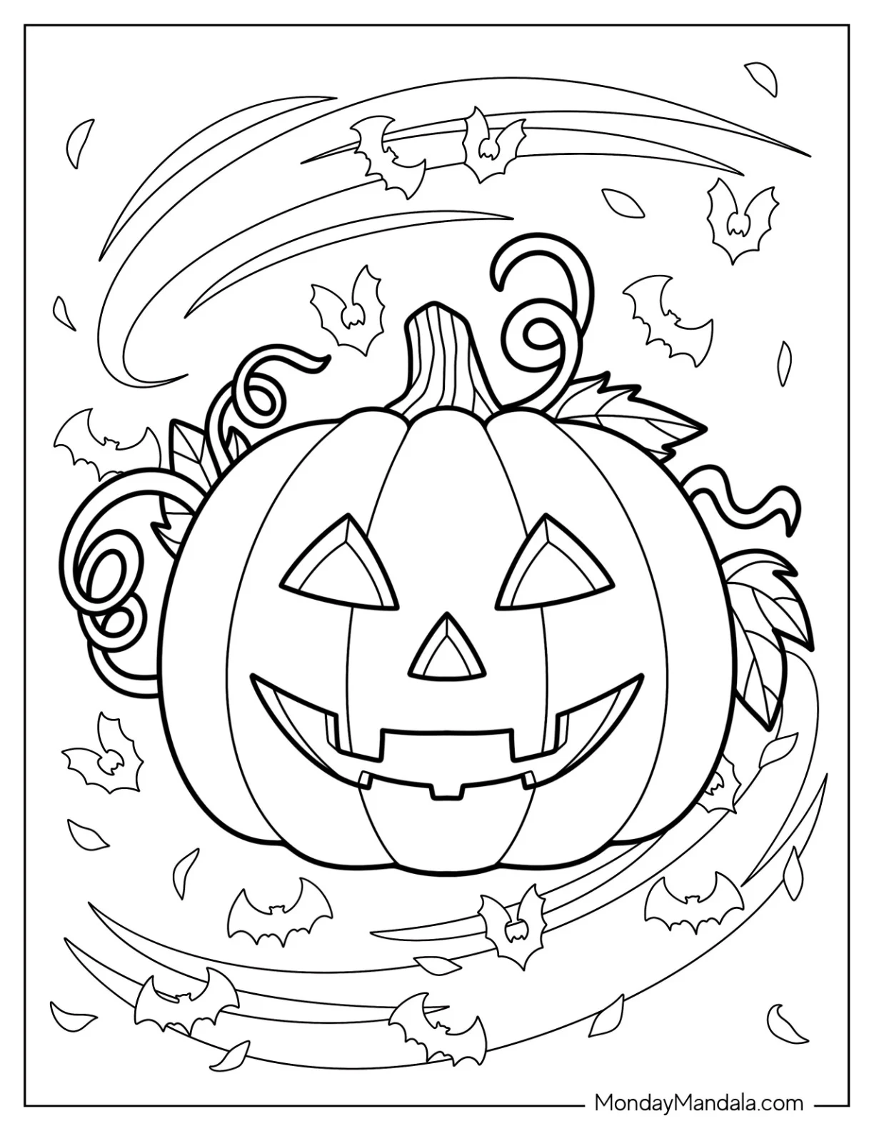 Pumpkin Coloring Page Of Spooky Jack O Lantern With Vines And Bats coloring page