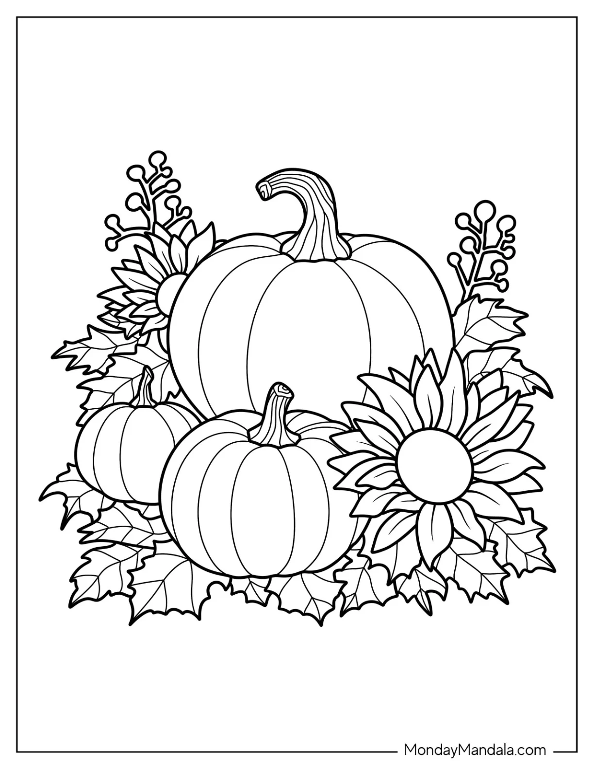 Pumpkin Coloring Page Of Sunflowers, And Leaves coloring page
