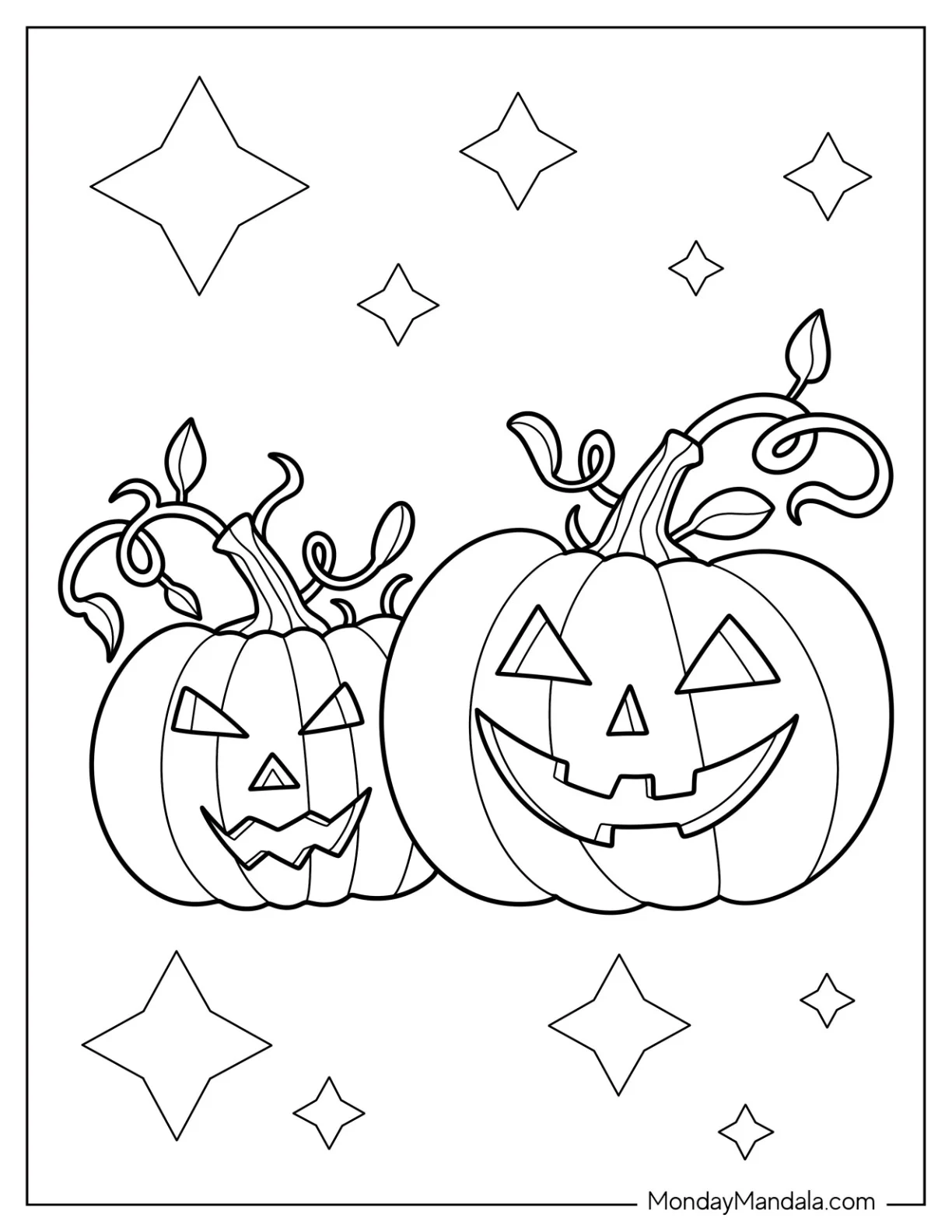 Pumpkin Coloring Page Two Jack O Lantern With Vines coloring page — printable line art
