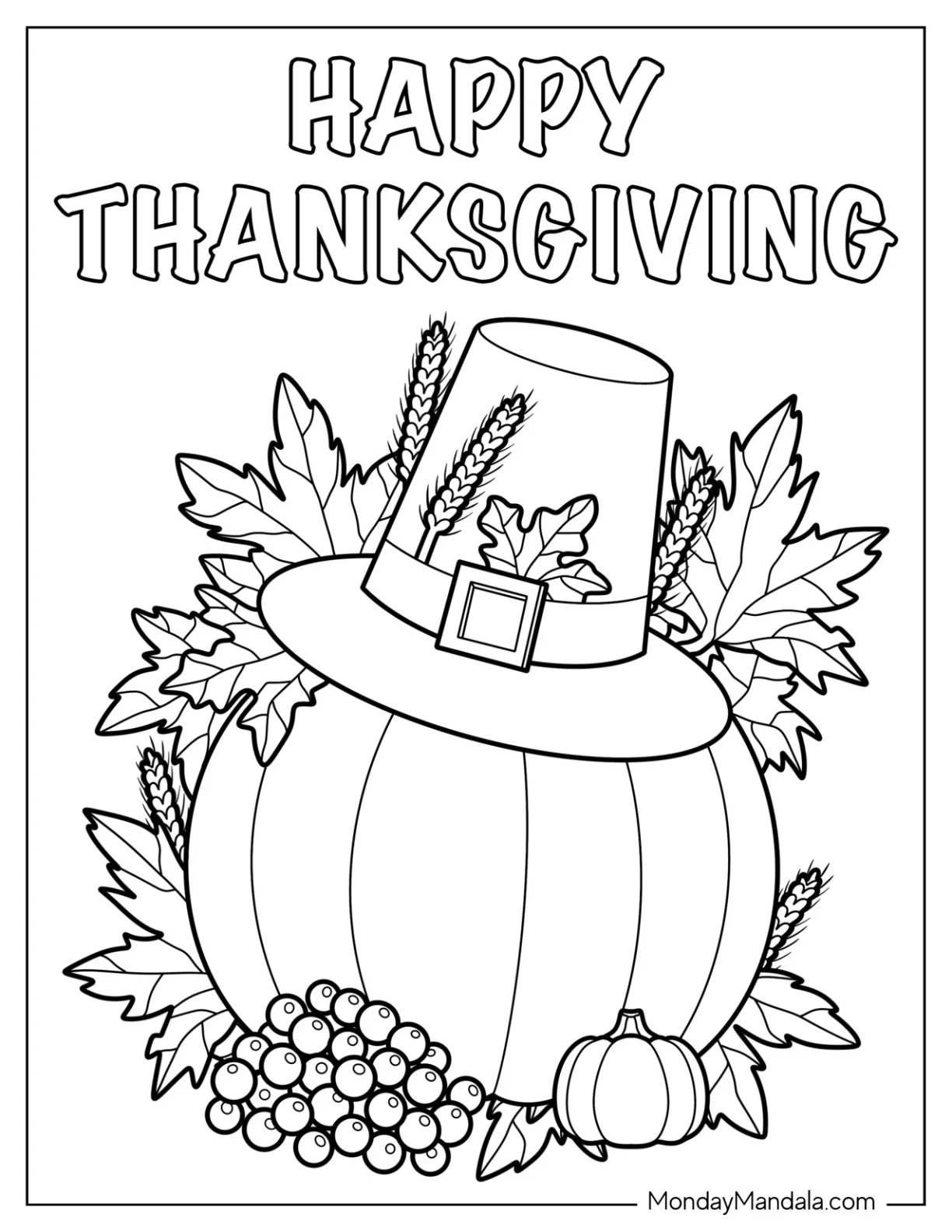 Pumpkin Coloring Page With Pilgrim's Hat, Fall Leaves, And Wheat coloring page