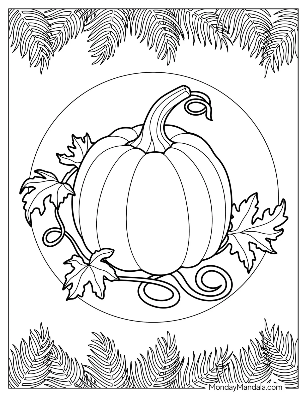 Pumpkin Coloring Page With Vines And Fall Leaves coloring page