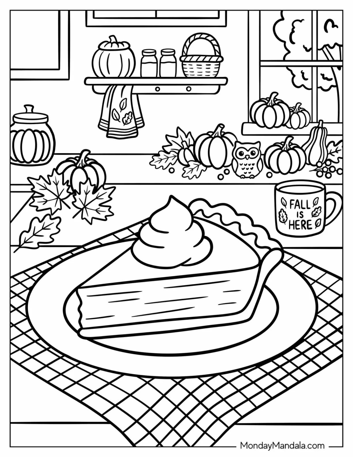 Pumpkin Pie Slice with Whipped Cream Coloring Sheet coloring page — printable line art