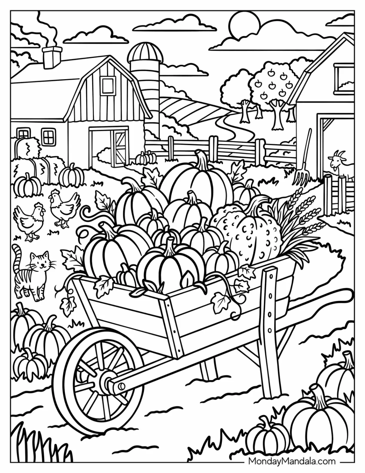 Realistic Wagon of Pumpkin Harvest in Autumn coloring page