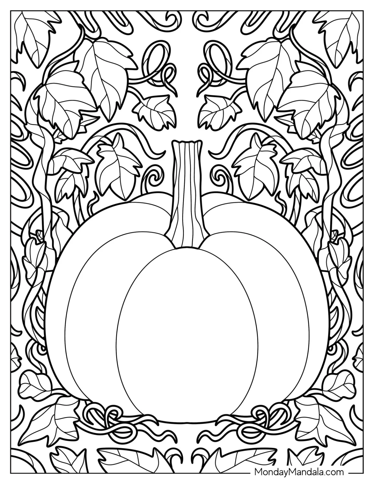 Round Pumpkin Coloring Page Surrounded By Leaves And Vines coloring page
