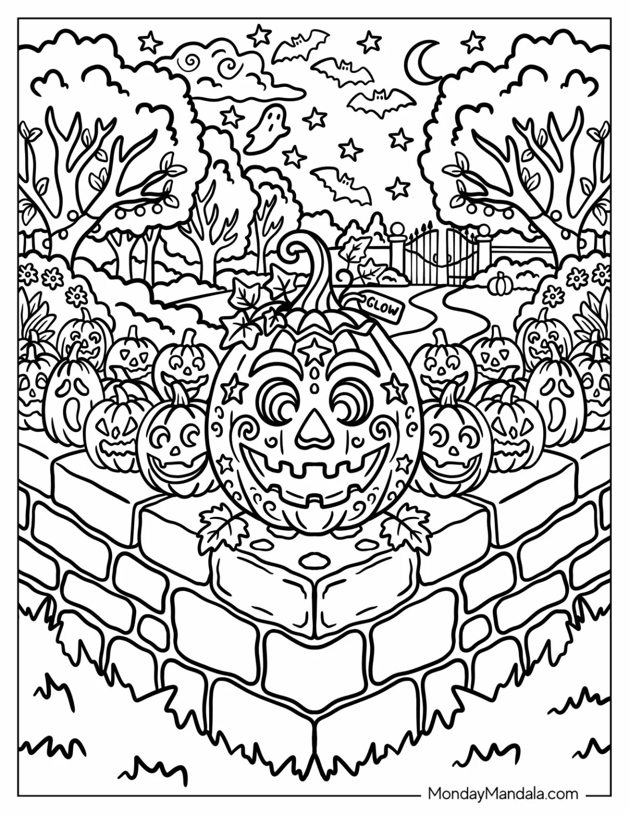 Several Jack o Lanterns on a Fence Coloring Page coloring page