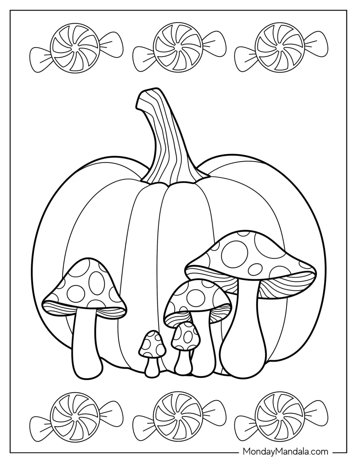 Simple Pumpkin Coloring Page With Mushrooms For Kids coloring page — printable line art