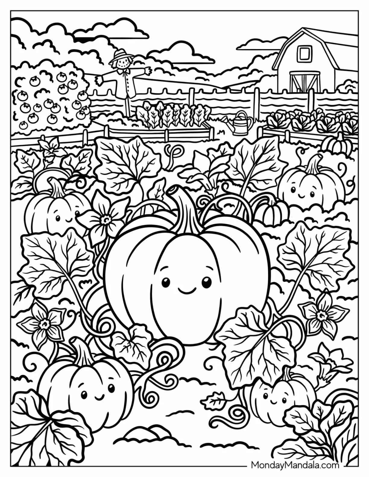Smiling Pumpkins in a Leafy Pumpkin Patch Coloring Page coloring page