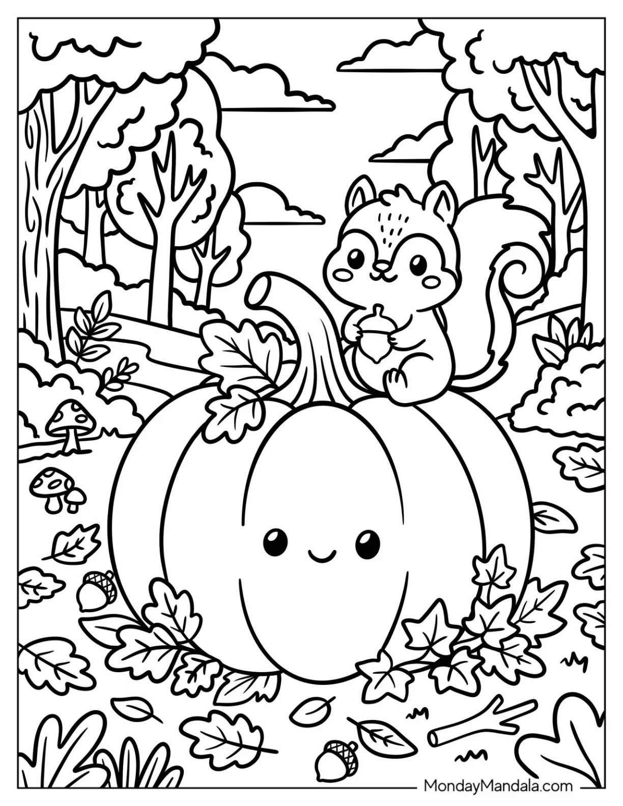 Squirrel Holding an Acorn on top of a Pumpkin coloring page