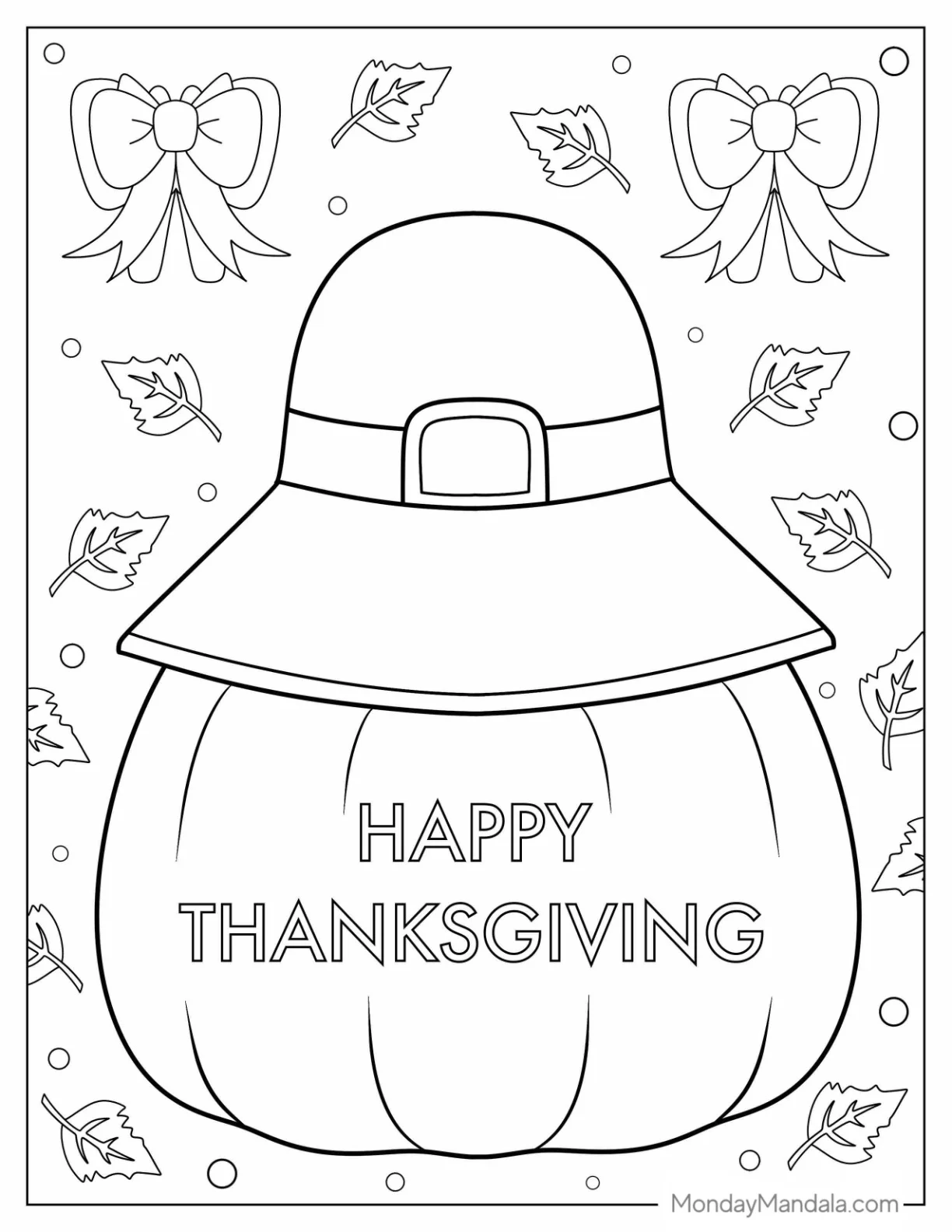 Thanksgiving Pumpkin Coloring Page Wearing Pilgrim Hat coloring page