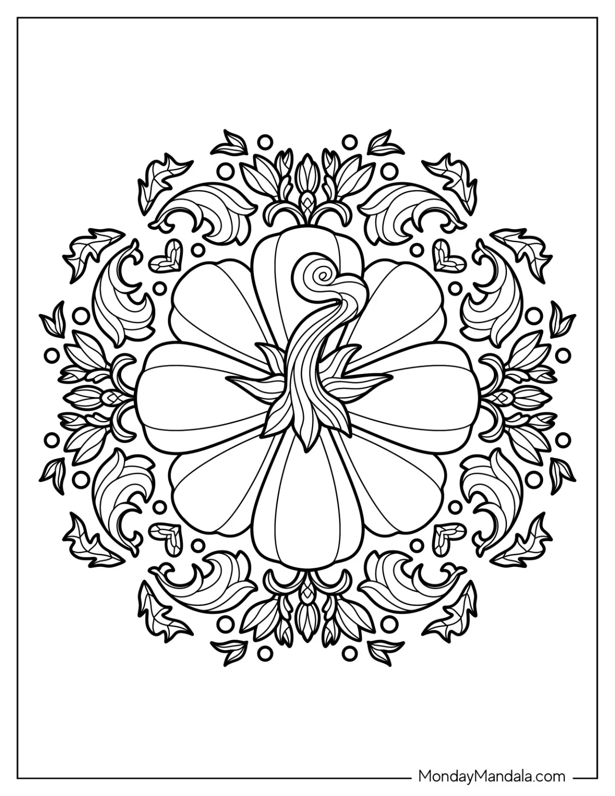 Top Of A Pumpkin Coloring Page Surrounded By Fall Leaves coloring page — printable line art