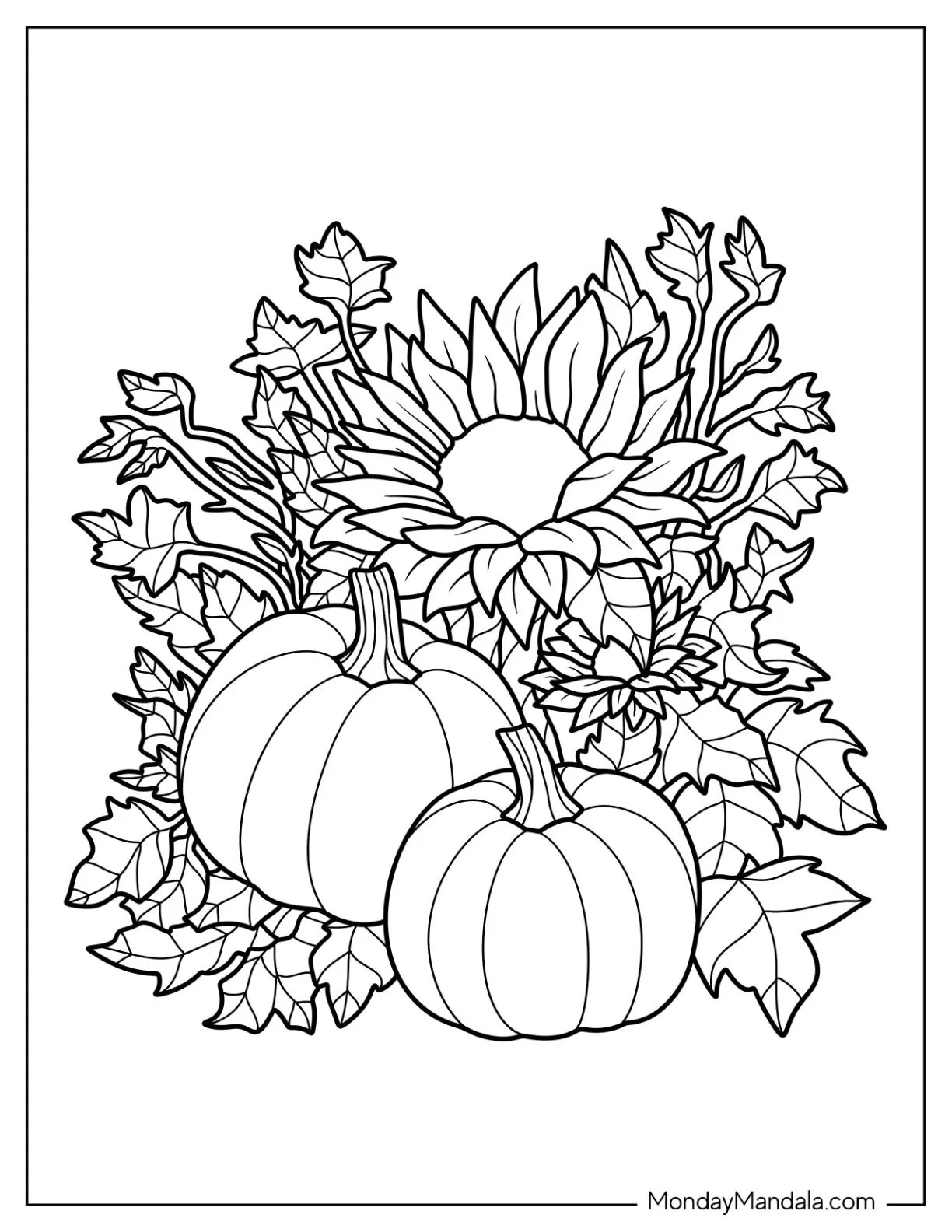 Two Large Pumpkin Coloring Page With Sunflower And Leaves coloring page