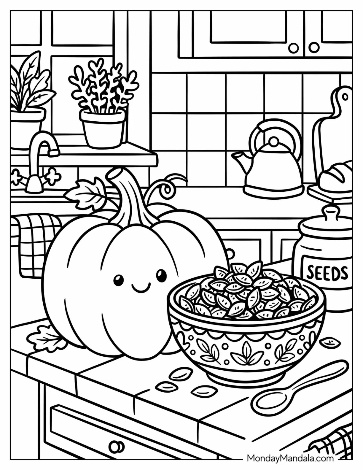 Whole Pumpkin on a Kitchen Table with Seeds Coloring Sheet coloring page