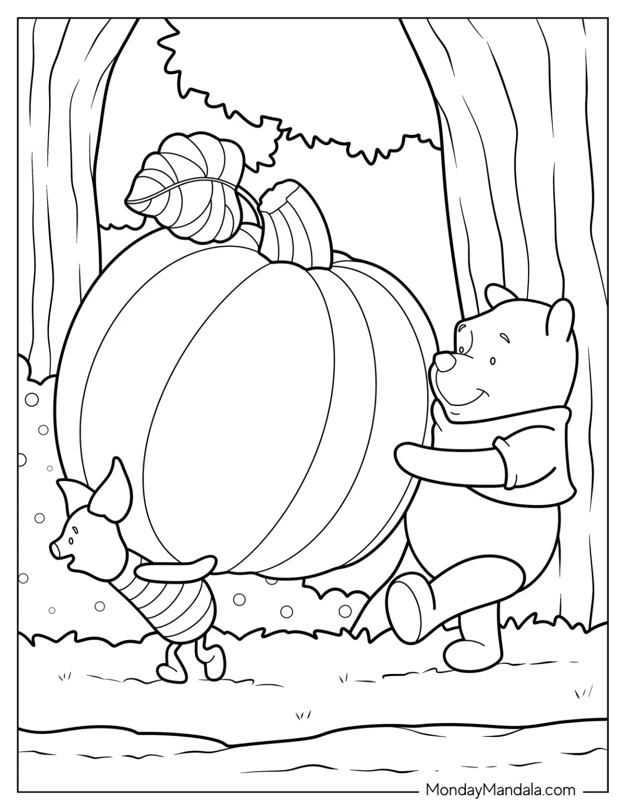 Winnie The Pooh And Piglet Carrying A Giant Pumpkin Coloring Page coloring page