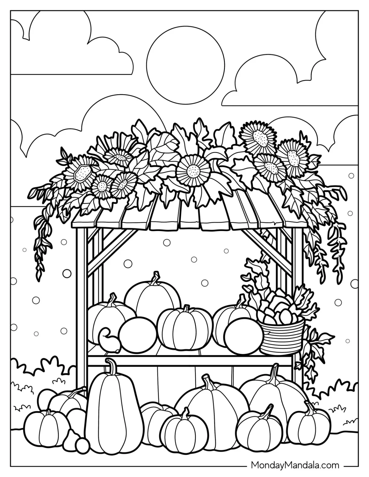Wooden Shed Covered In Leaves And Filled With Pumpkin Coloring Page coloring page