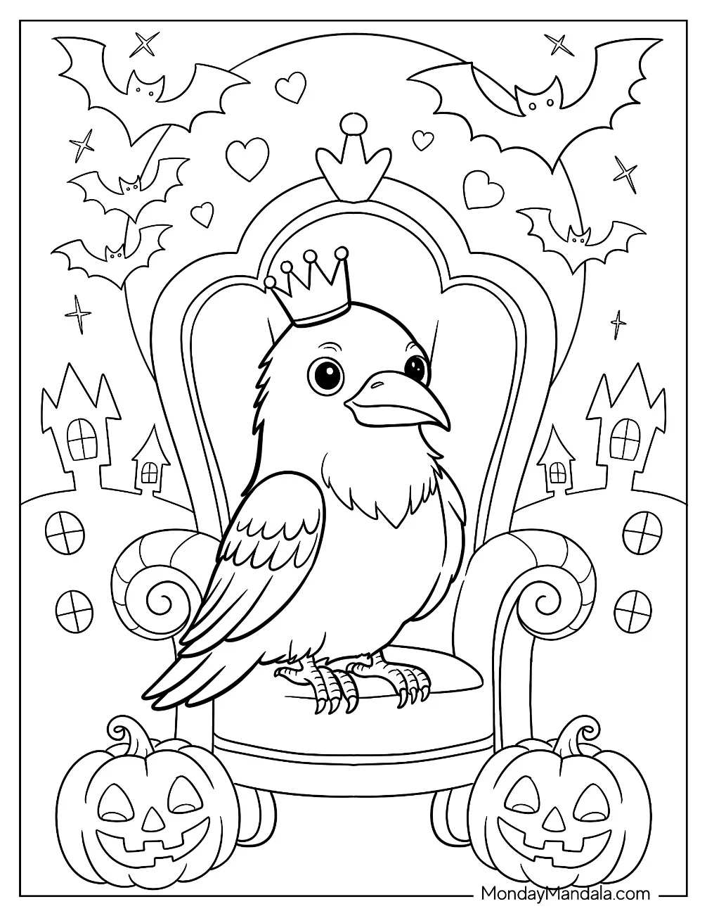 Baby Raven Coloring Page with Crown Sitting on a Throne Surrounded by Bats for Preschoolers coloring page