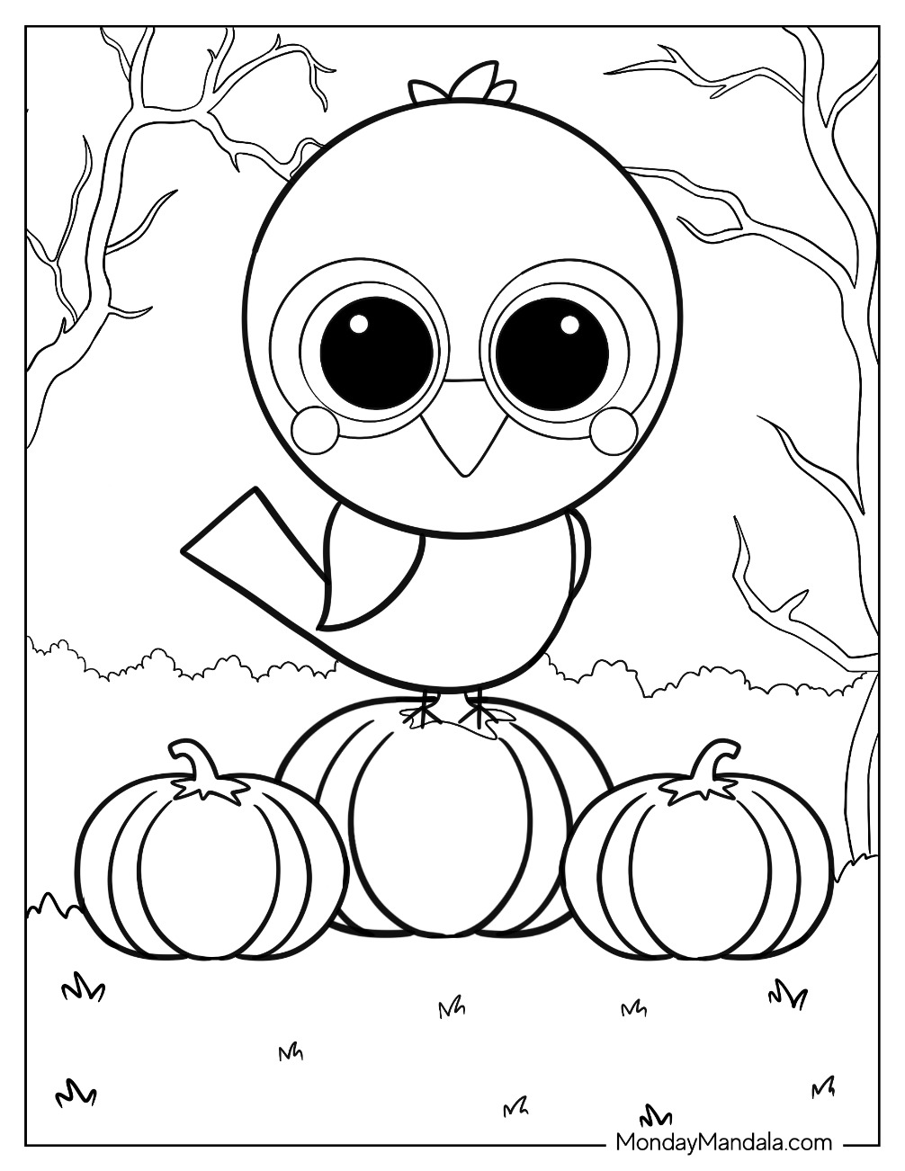 Cartoon Raven Coloring Page Standing On Pumpkin For Kids coloring page