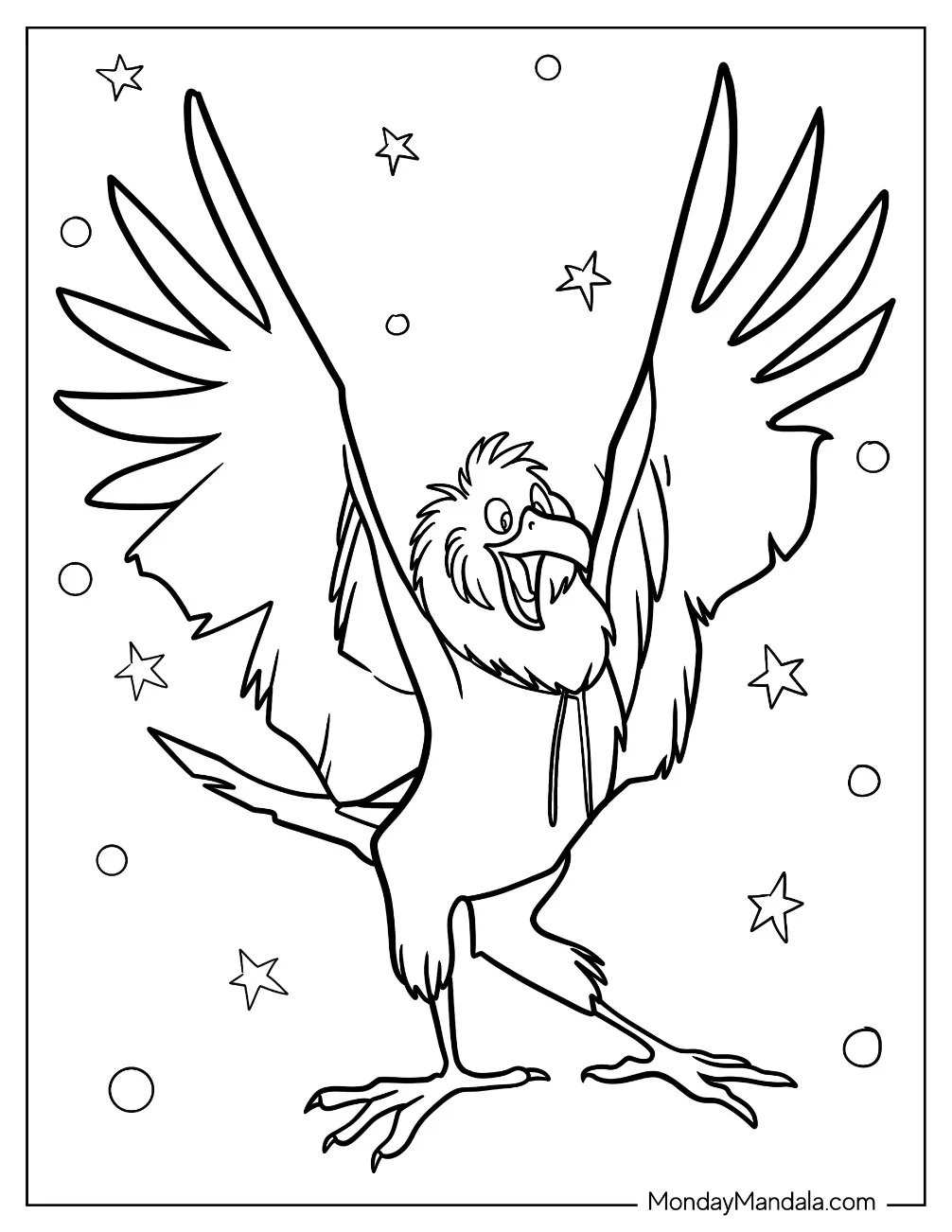 Cartoon Raven Coloring Page With Outspread Wings For Kids coloring page