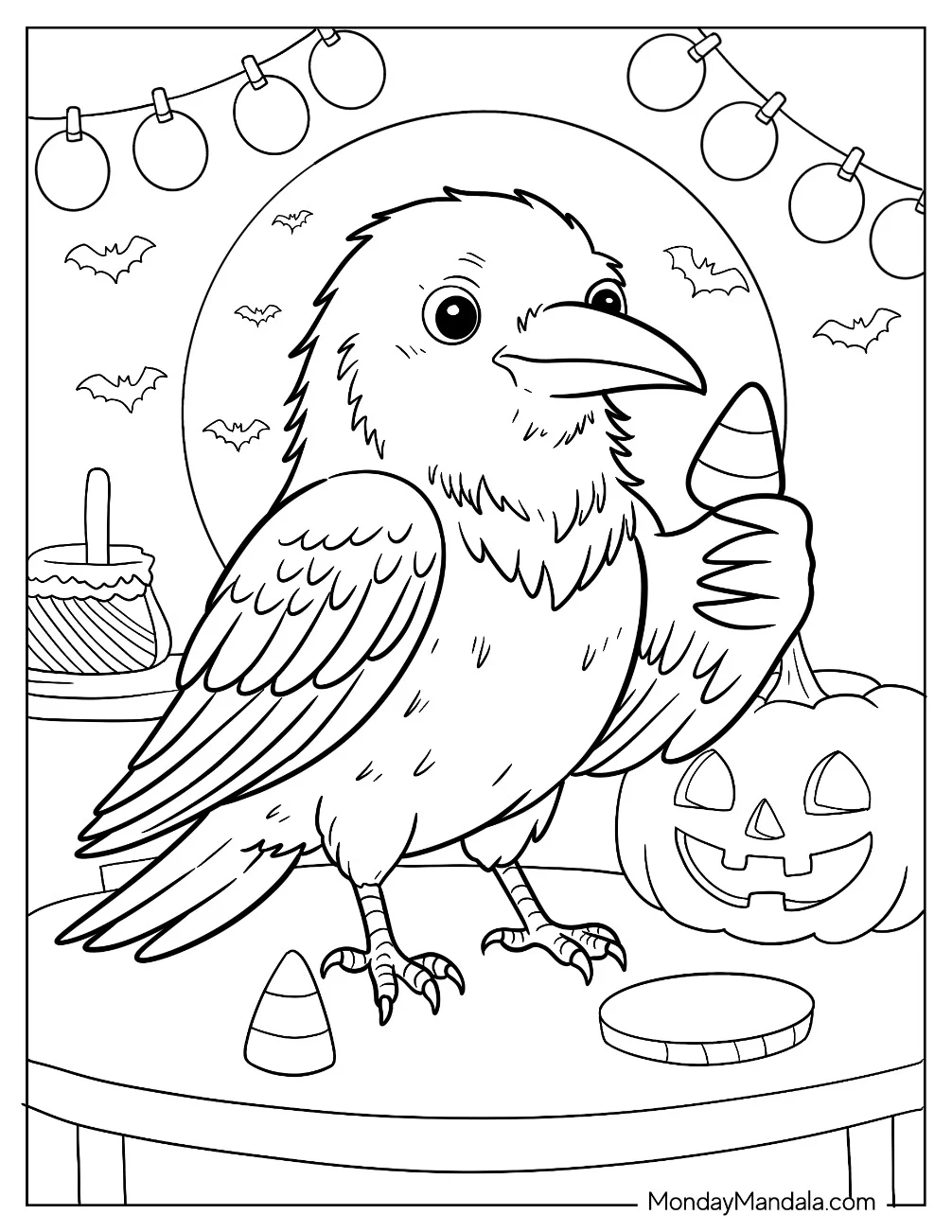 Chubby Raven Coloring Page Eating Sweets in Halloween coloring page — printable line art