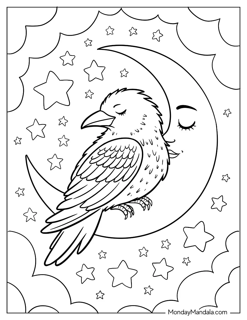 Cute Baby Raven Coloring Page Sleeping on a Crescent Moon in Starry Sky coloring page