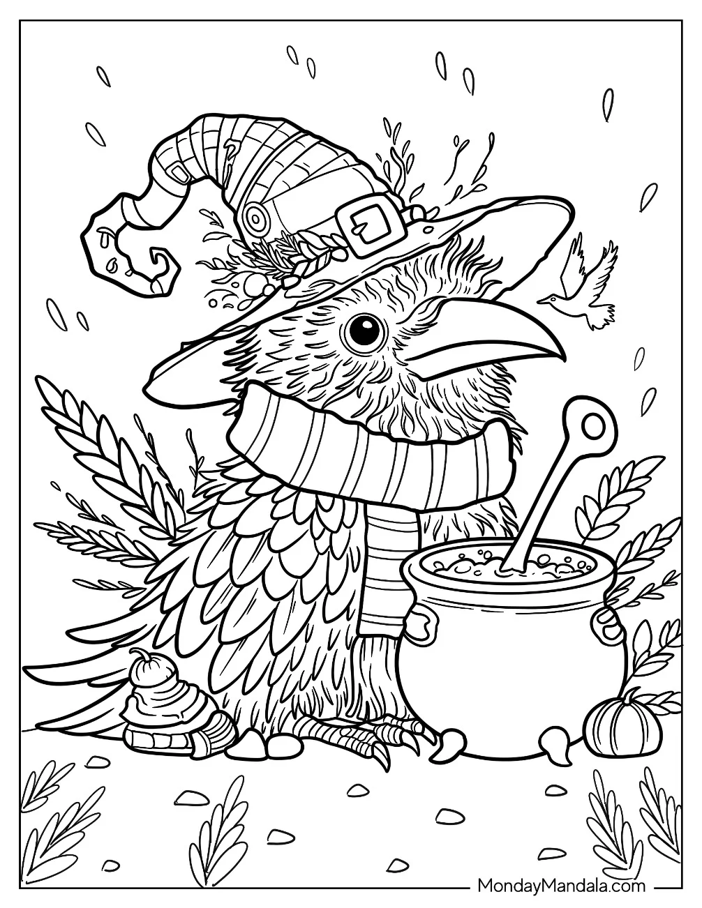 Cute Little Raven Coloring Page In A Witch s Hat With A Magical Cauldron coloring page — printable line art