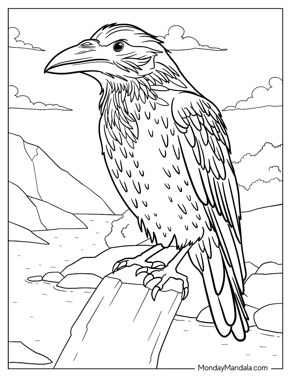 Detailed Raven Coloring Page Perched On A Tree Stump coloring page