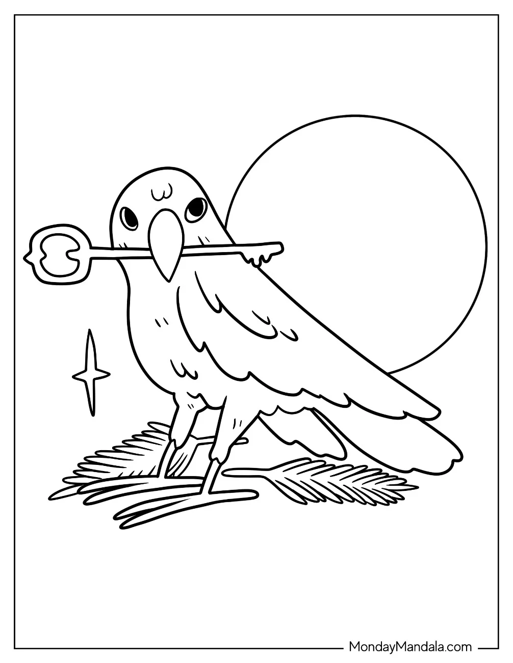Easy Raven Coloring Page Carrying A Shiny Key For Kids coloring page — printable line art