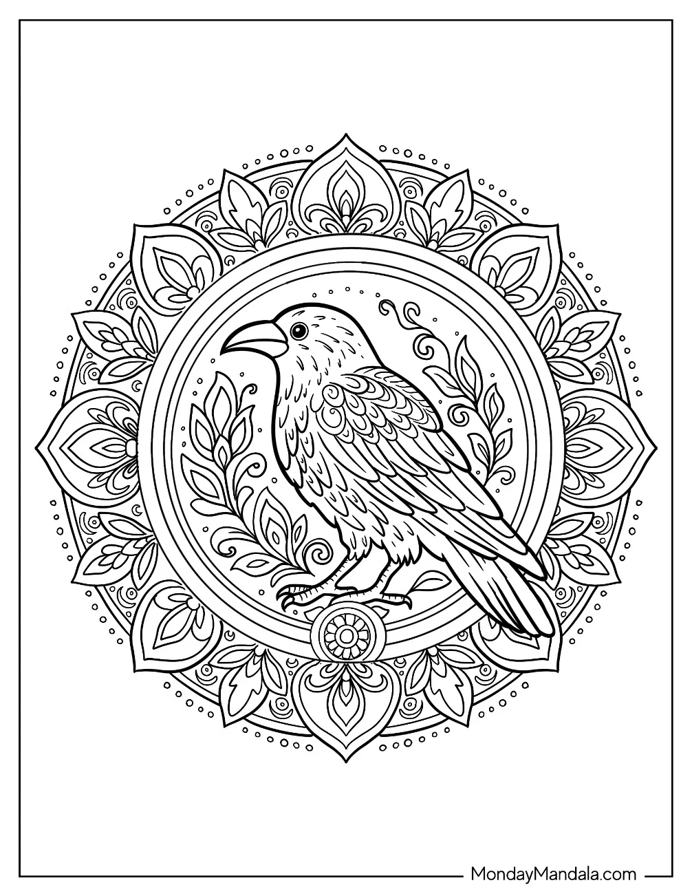 Elegant Raven Coloring Page Mandala With Floral Elements coloring page — printable line art