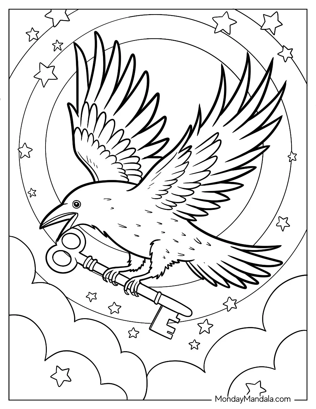 Fantastical Raven Coloring Page Flying with a Vintage Key coloring page