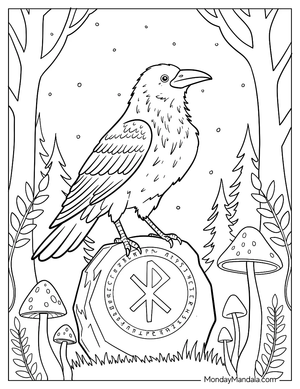 Furry Raven Coloring Page Perched on A Stone With Symbols coloring page