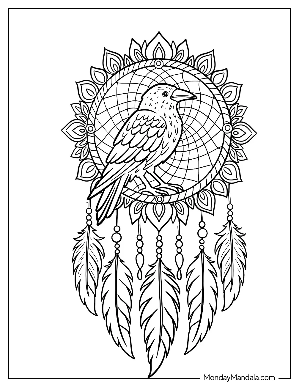 Intricate Raven Coloring Page Dreamcatcher with Feathers coloring page — printable line art