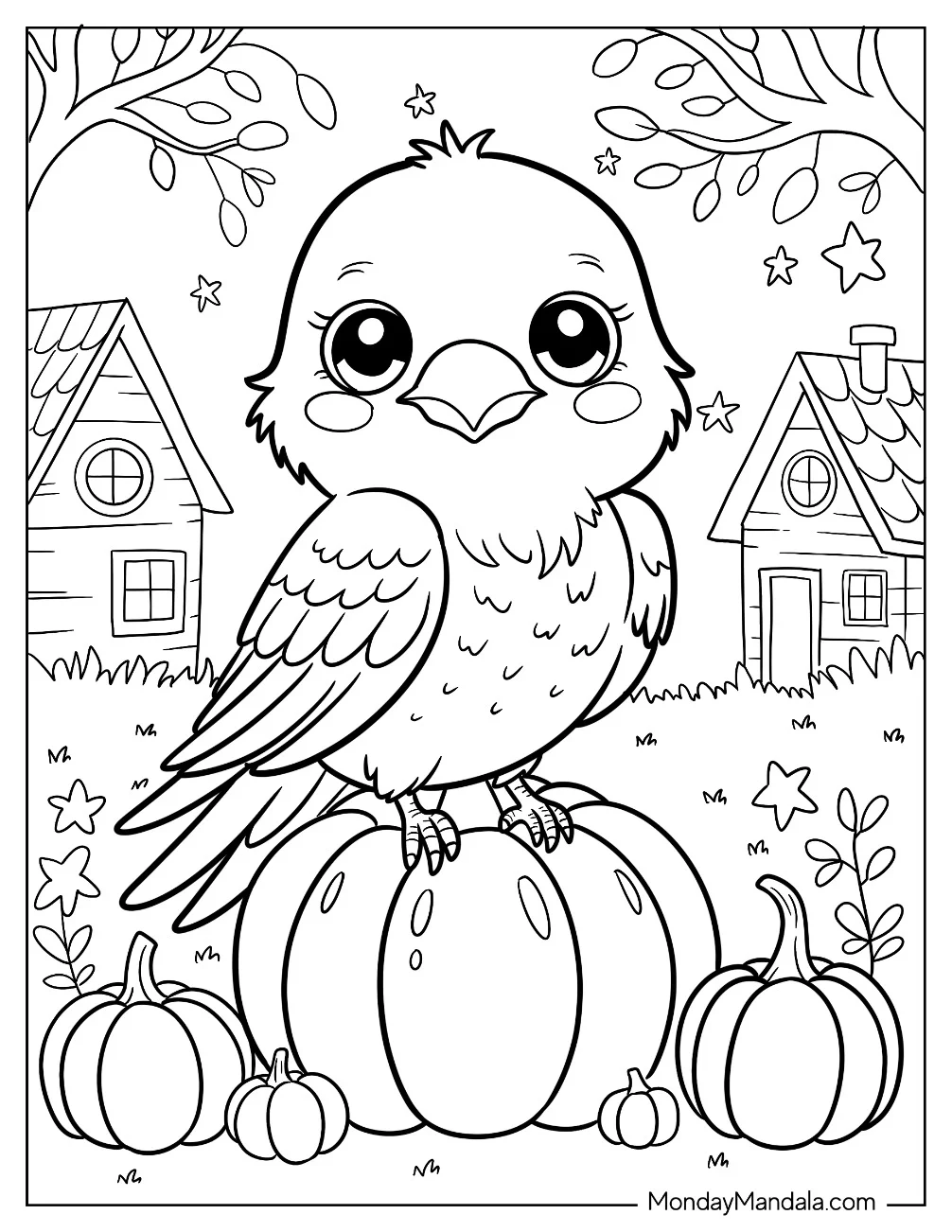 Kawaii Raven Coloring Page Standing on a Pumpkin for Preschoolers coloring page — printable line art