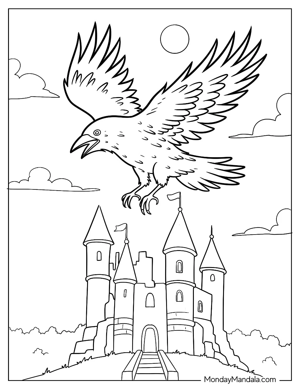 Large Raven Coloring Page Flying Over A Medieval Castle coloring page