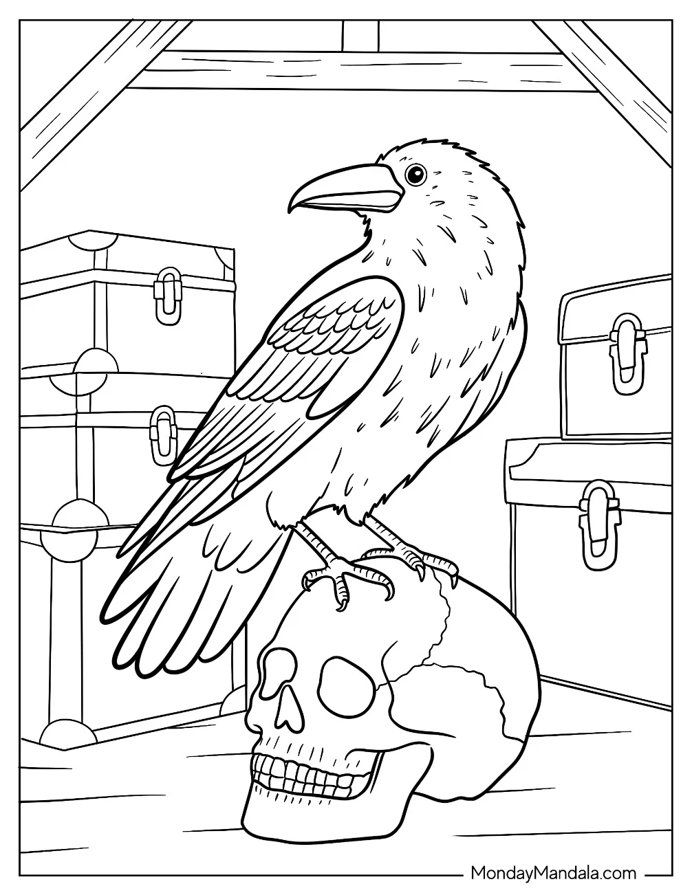 Massive Raven Coloring Page Sitting on Top of a Skull coloring page — printable line art