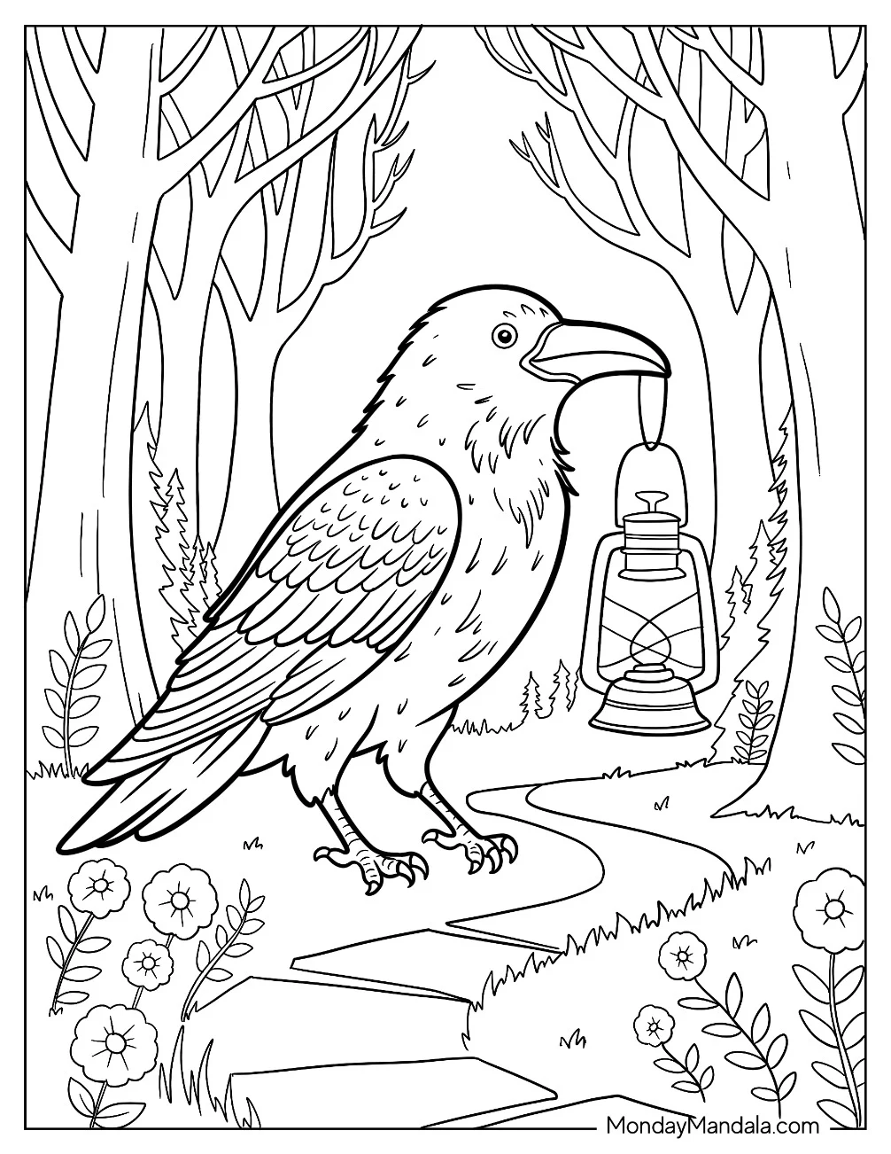 Raven Coloring Page Holding a Lamp with Its Beak in a Forest coloring page — printable line art