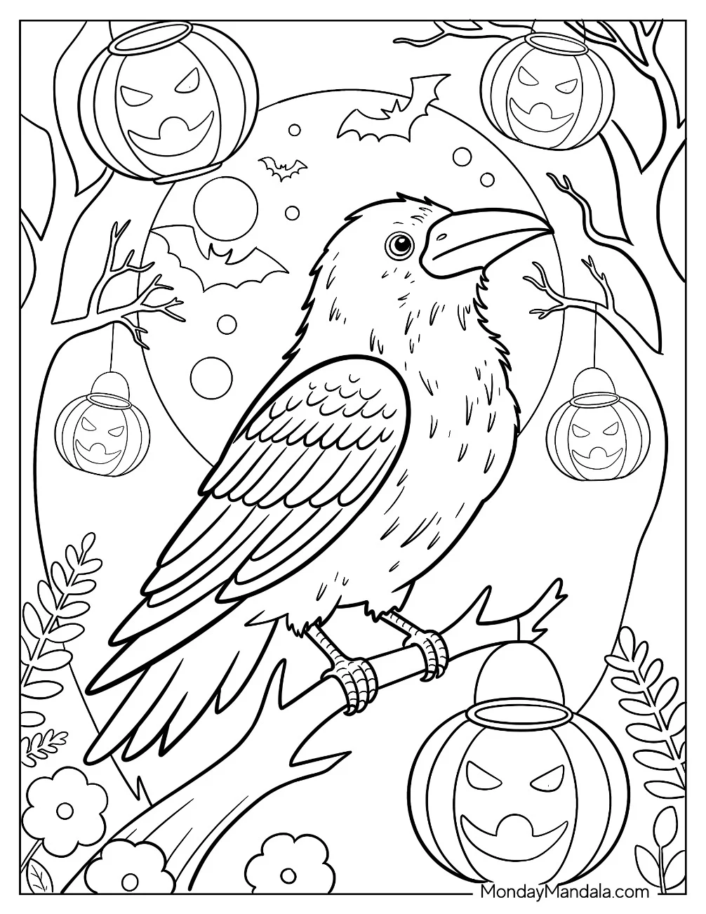 Raven Coloring Page on a Tree Branch Surrounded By Hanging Jack o Lanterns,, Bats, and Flowers coloring page