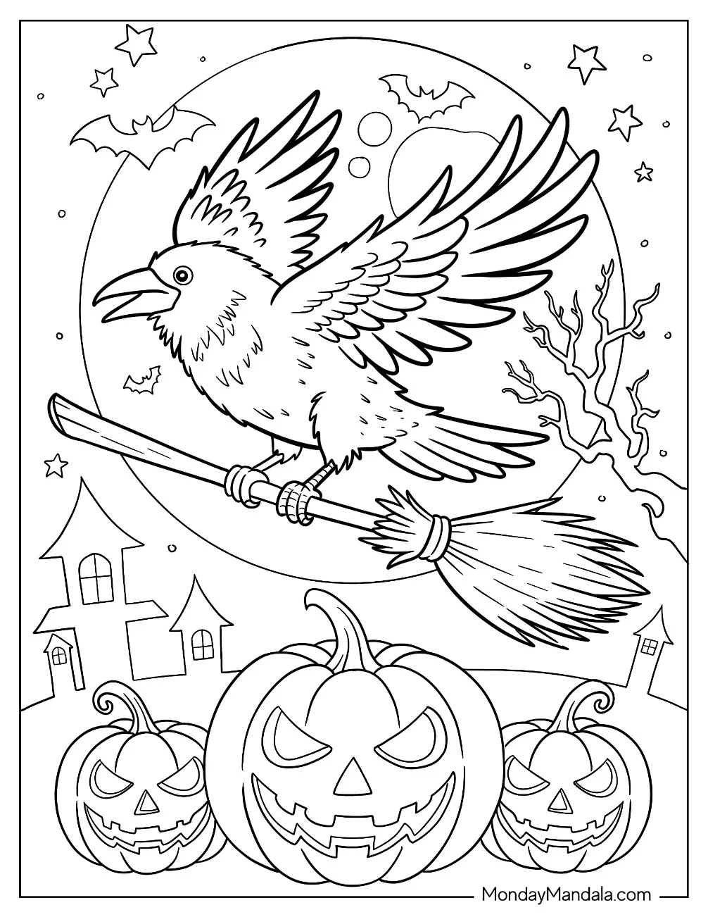 Raven Coloring Page on a Witch s Broom Hovering Above Jack o Lanterns coloring page — printable line art