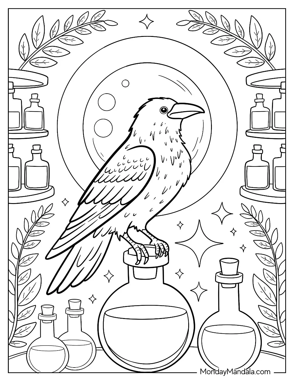 Raven Coloring Page Perched on a Bottle of Potion coloring page