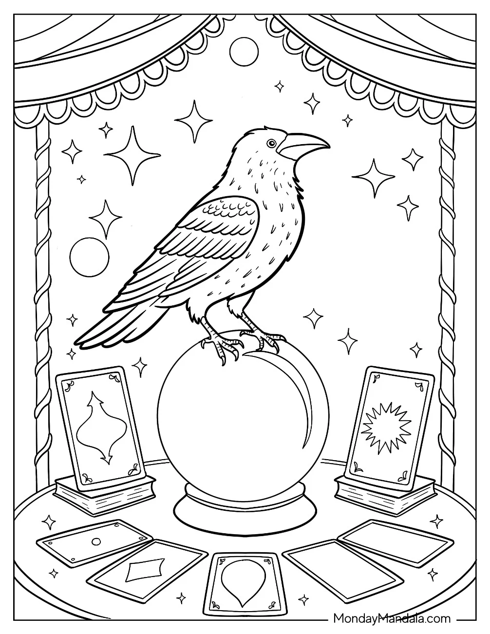 Raven Coloring Page Perched on a Magical Ball Surrounded by Tarot Cards coloring page — printable line art
