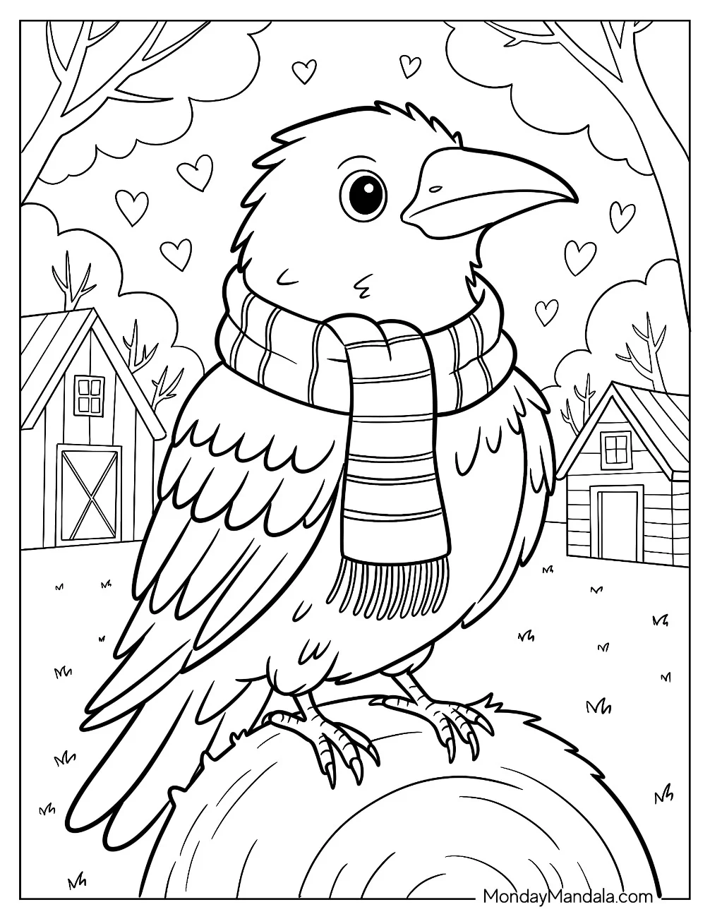 Raven Coloring Page Wearing A Scarf While Perched on a Hay Bale for Kids coloring page — printable line art
