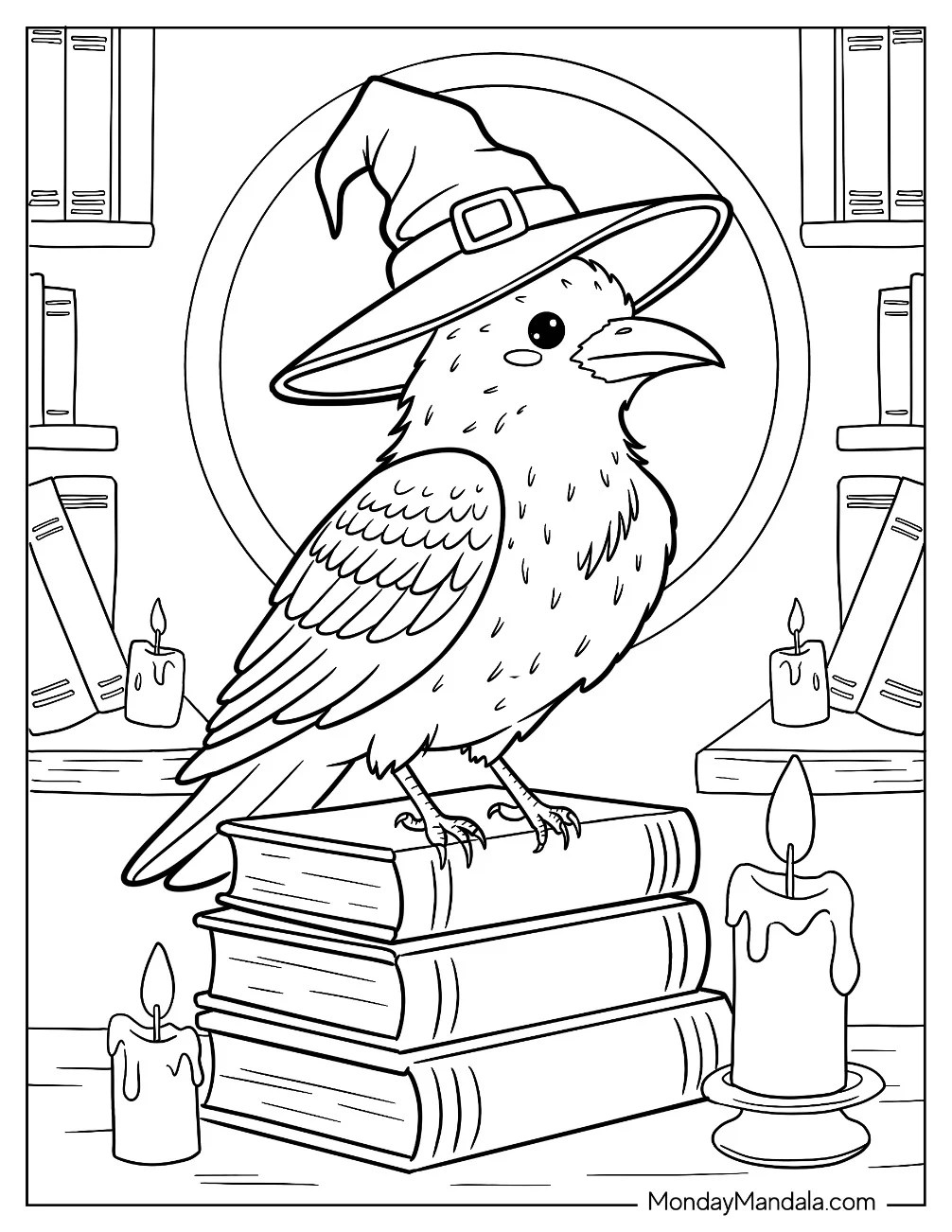Raven Coloring Page Wearing a Witch s Hat While Perched on Books coloring page