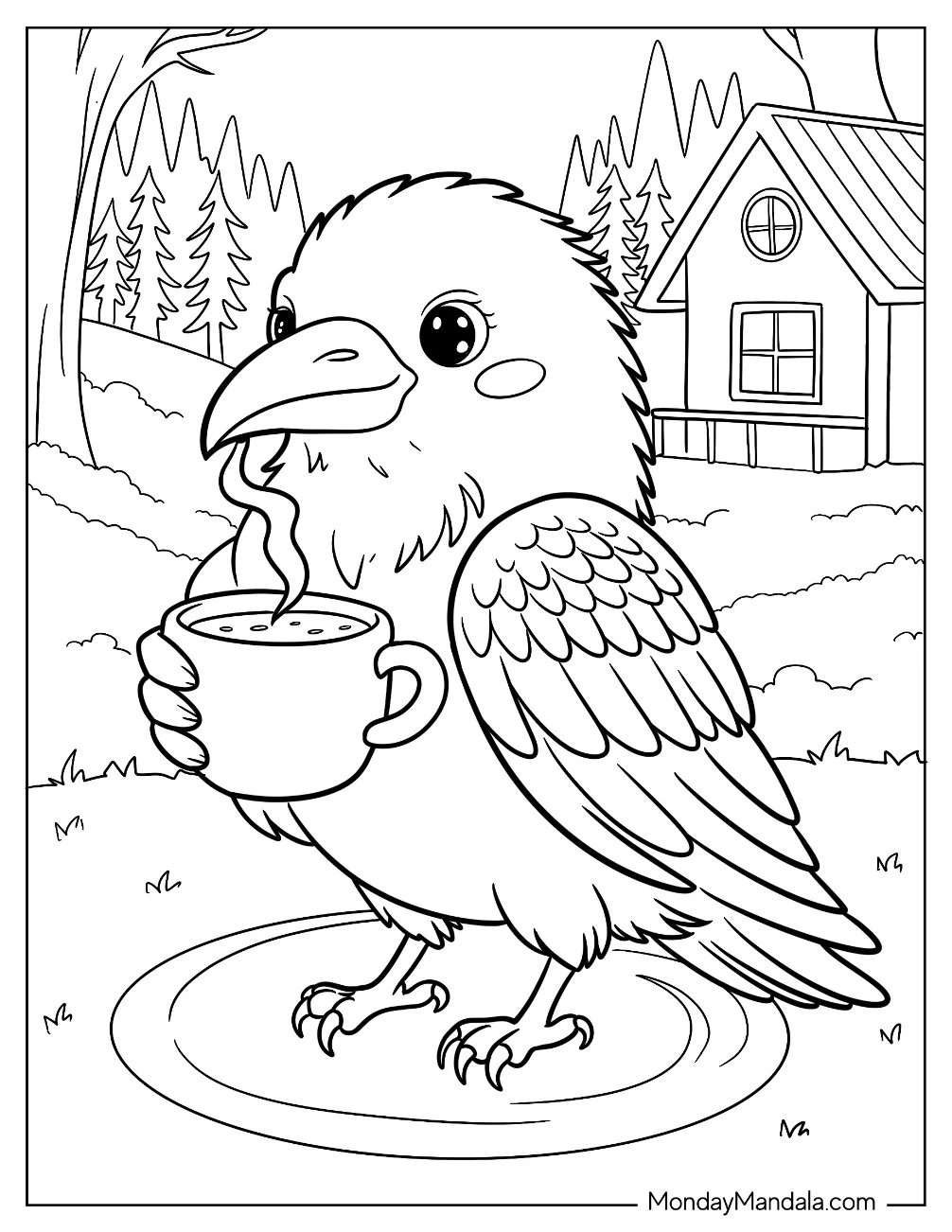 Raven Coloring Page With A Cup of Coffee in Front of a Cottage for Kids coloring page