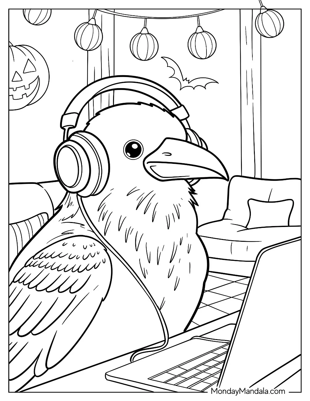Raven Coloring Page With Headphones on Sitting in Front of a Laptop coloring page