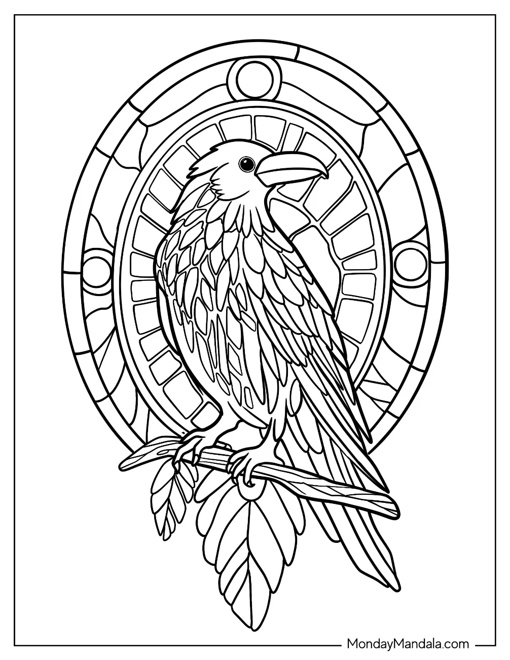 Raven Coloring Page With Stained Glass In The Background coloring page